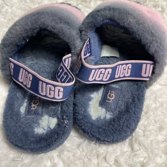 UGG FLUFF YEAH SLIDE grayish blue & pink STRIPES SHEEPSKIN rubber soles SZ8 - Picture 4 of 9